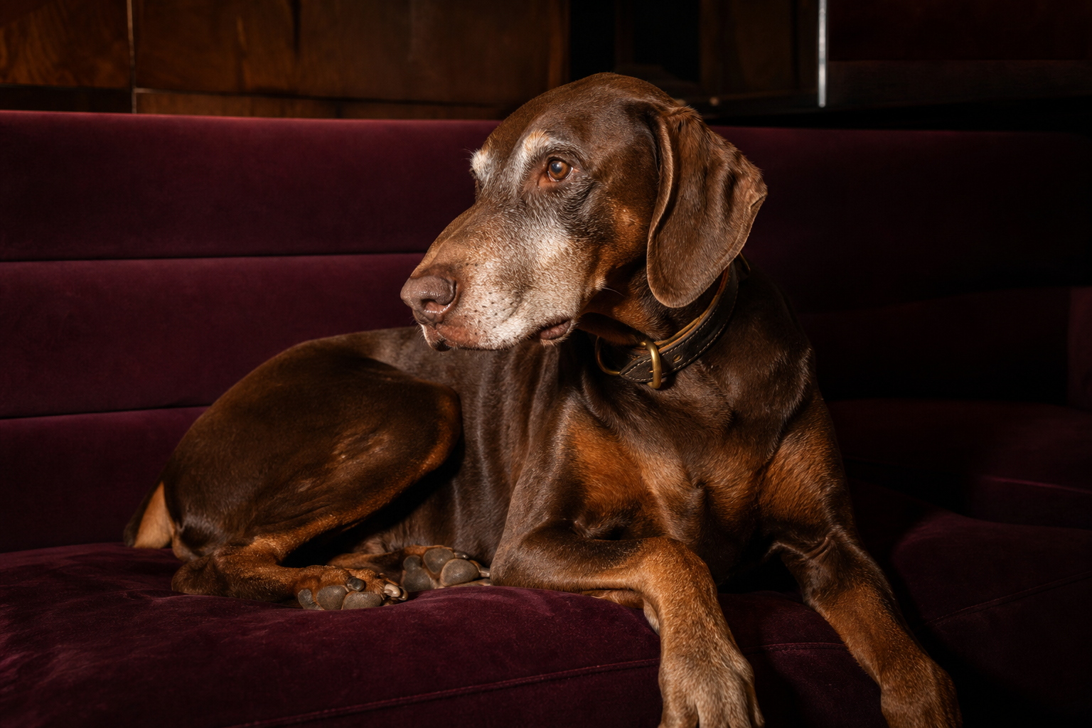 Würdevoller älterer Hund mit grauer Schnauze ruht auf einem Sofa — Gelenke und Beweglichkeit im Alter