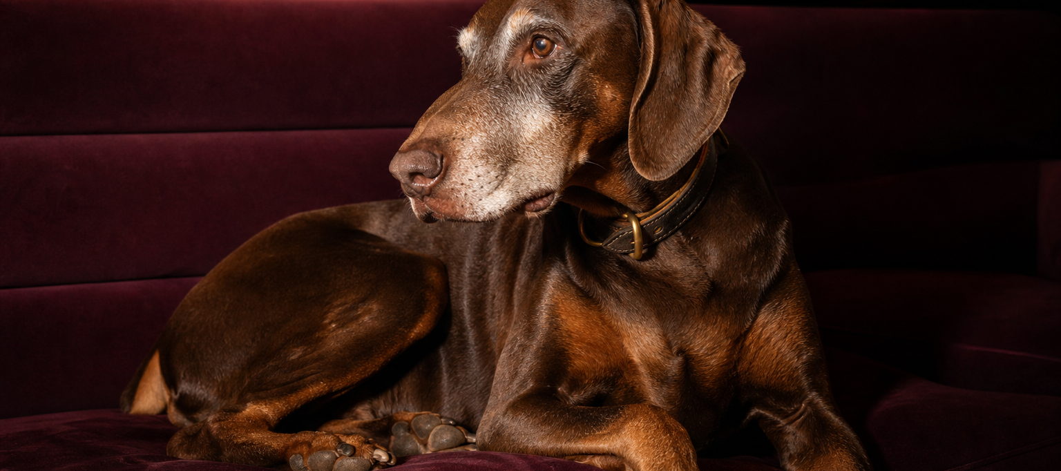 Würdevoller älterer Hund mit grauer Schnauze ruht auf einem Sofa — Gelenke und Beweglichkeit im Alter