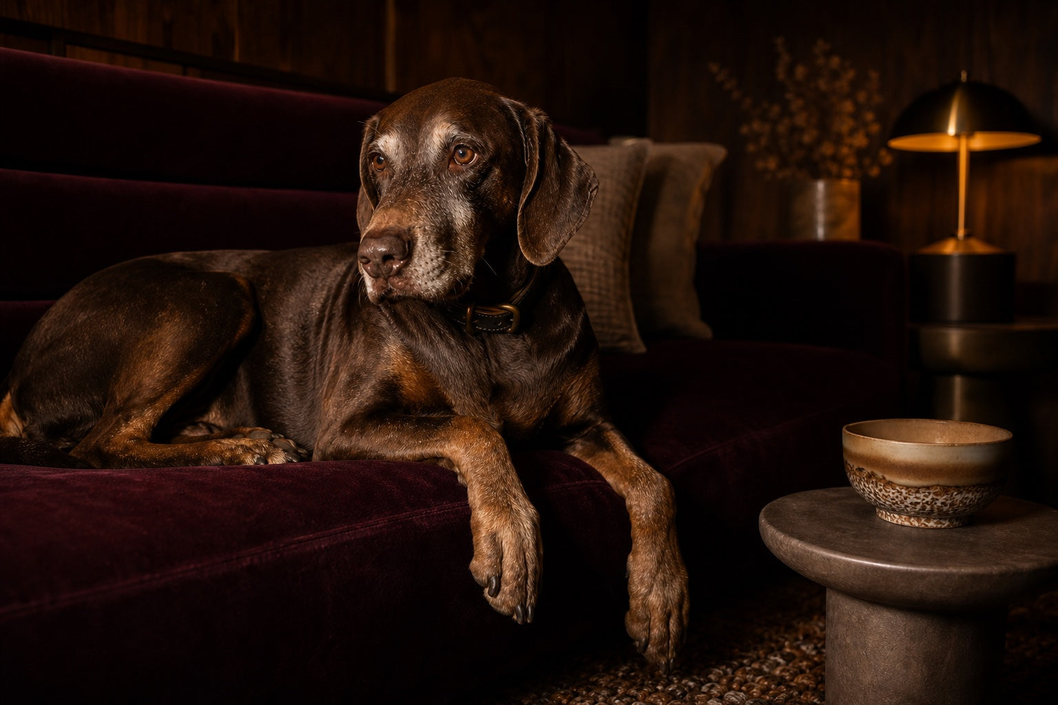 Entspannter Hund liegt in einem ruhigen, warm beleuchteten Wohnzimmer auf einem Samtsofa