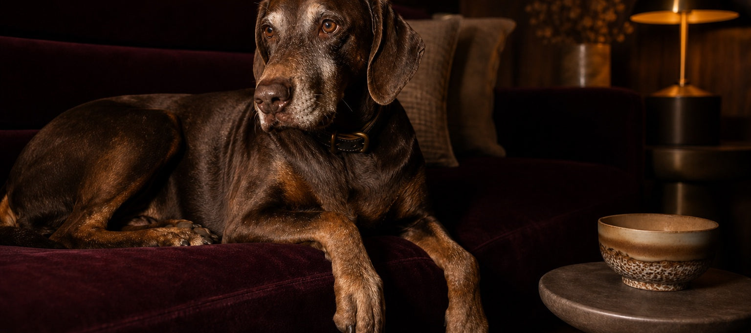 Entspannter Hund liegt in einem ruhigen, warm beleuchteten Wohnzimmer auf einem Samtsofa